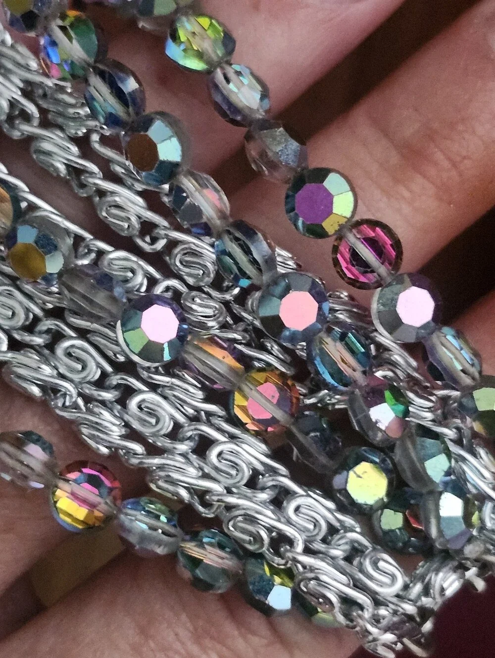 Stylish Multi-Row Iridescent Bead and Silver-Tone Bracelet